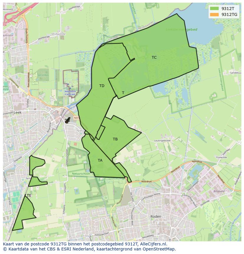 Afbeelding van het postcodegebied 9312 TG op de kaart.