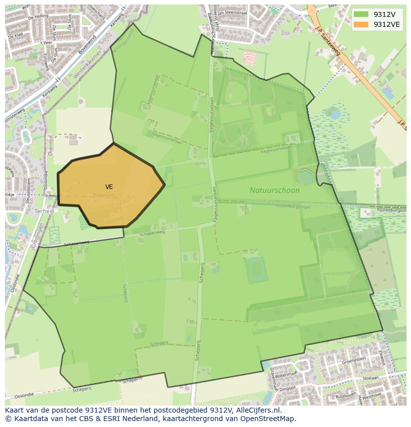 Afbeelding van het postcodegebied 9312 VE op de kaart.