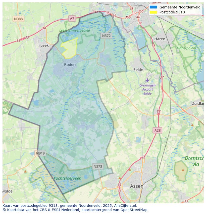 Afbeelding van het postcodegebied 9313 op de kaart.