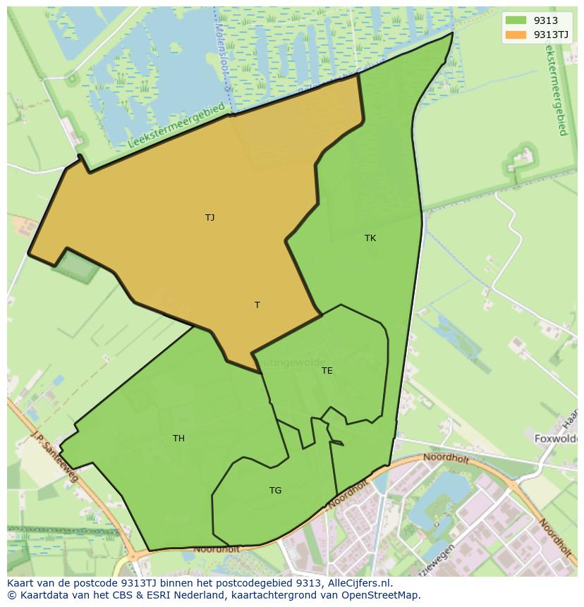 Afbeelding van het postcodegebied 9313 TJ op de kaart.
