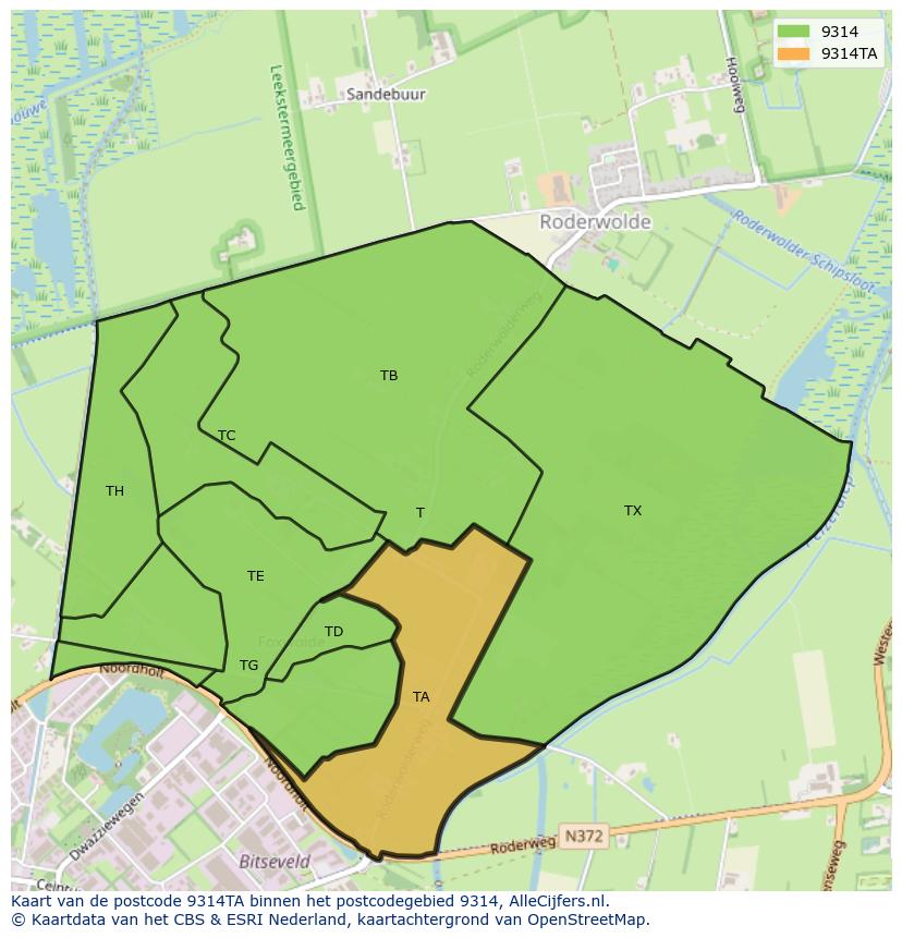 Afbeelding van het postcodegebied 9314 TA op de kaart.