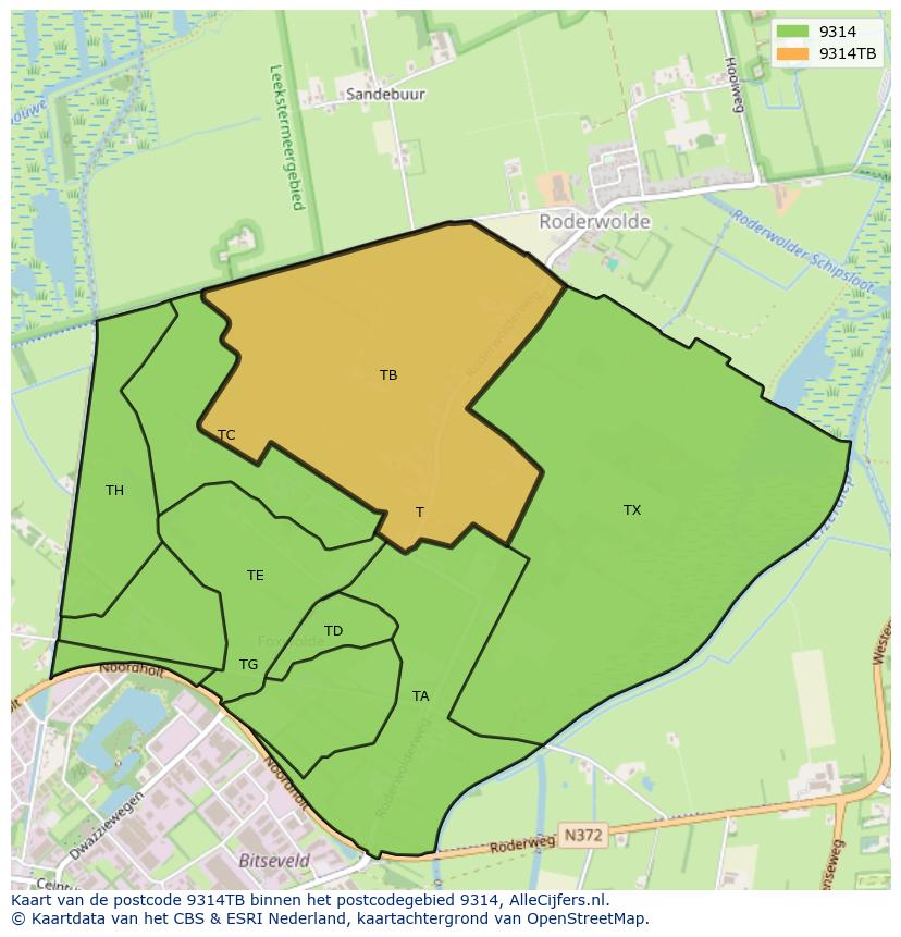 Afbeelding van het postcodegebied 9314 TB op de kaart.