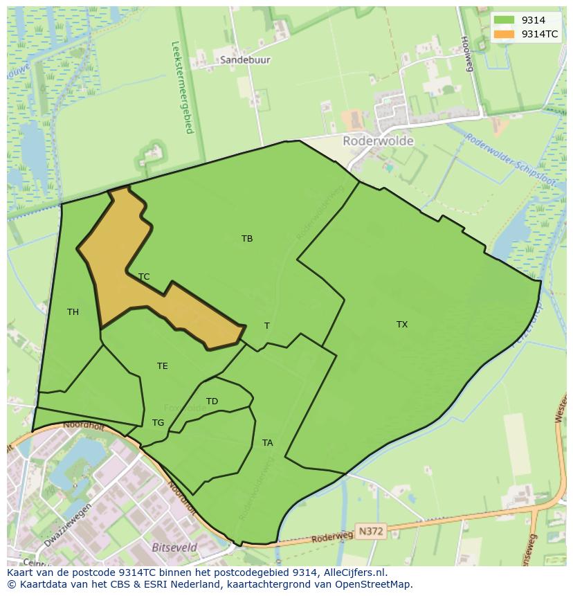 Afbeelding van het postcodegebied 9314 TC op de kaart.