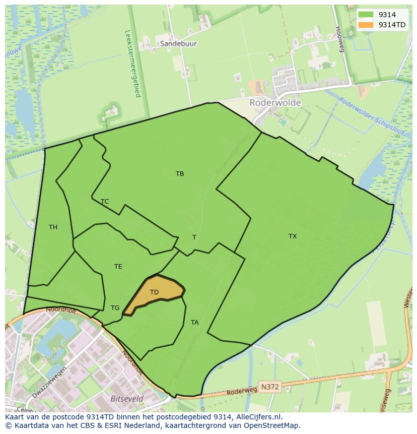 Afbeelding van het postcodegebied 9314 TD op de kaart.