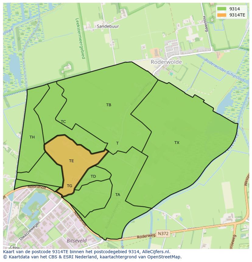 Afbeelding van het postcodegebied 9314 TE op de kaart.