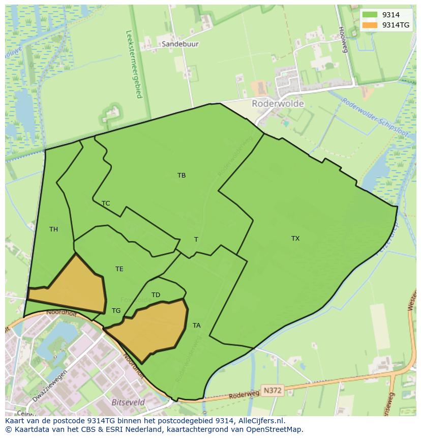 Afbeelding van het postcodegebied 9314 TG op de kaart.