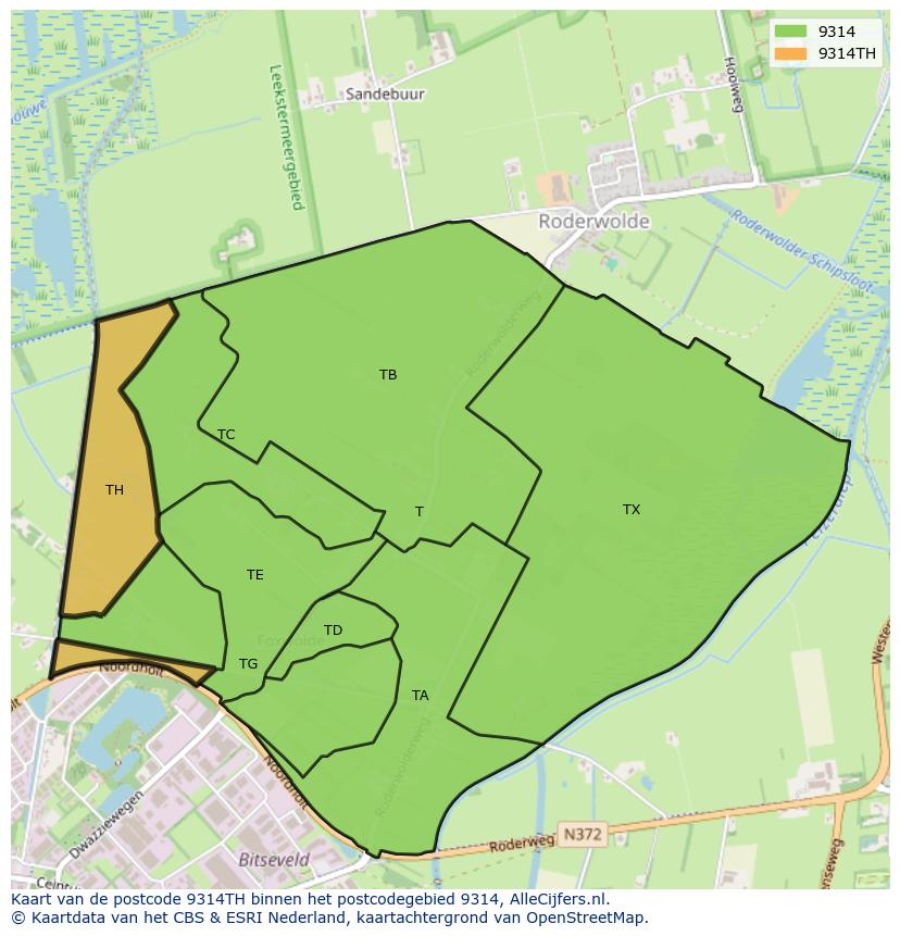 Afbeelding van het postcodegebied 9314 TH op de kaart.
