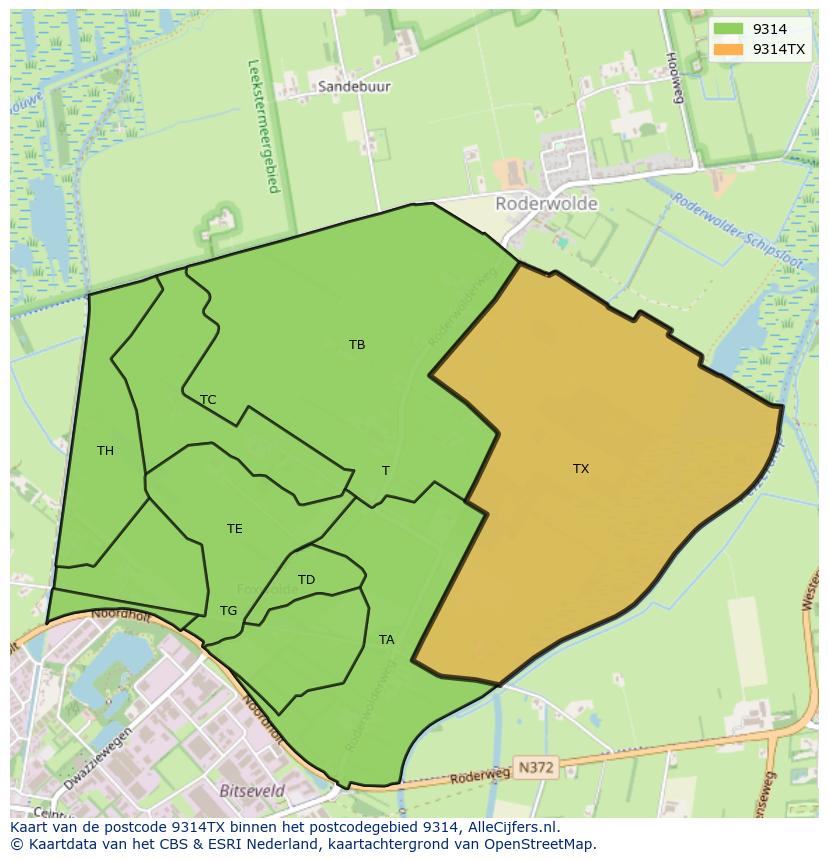 Afbeelding van het postcodegebied 9314 TX op de kaart.