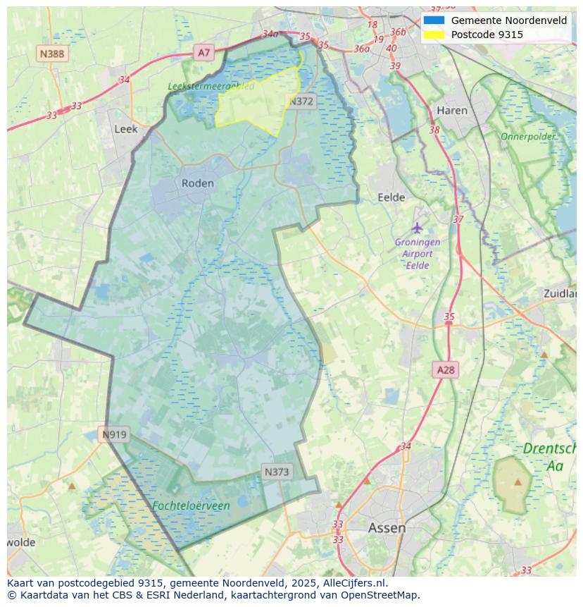 Afbeelding van het postcodegebied 9315 op de kaart.
