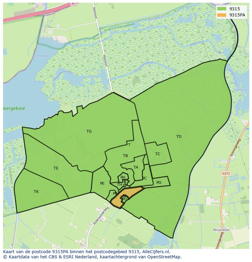 Afbeelding van het postcodegebied 9315 PA op de kaart.