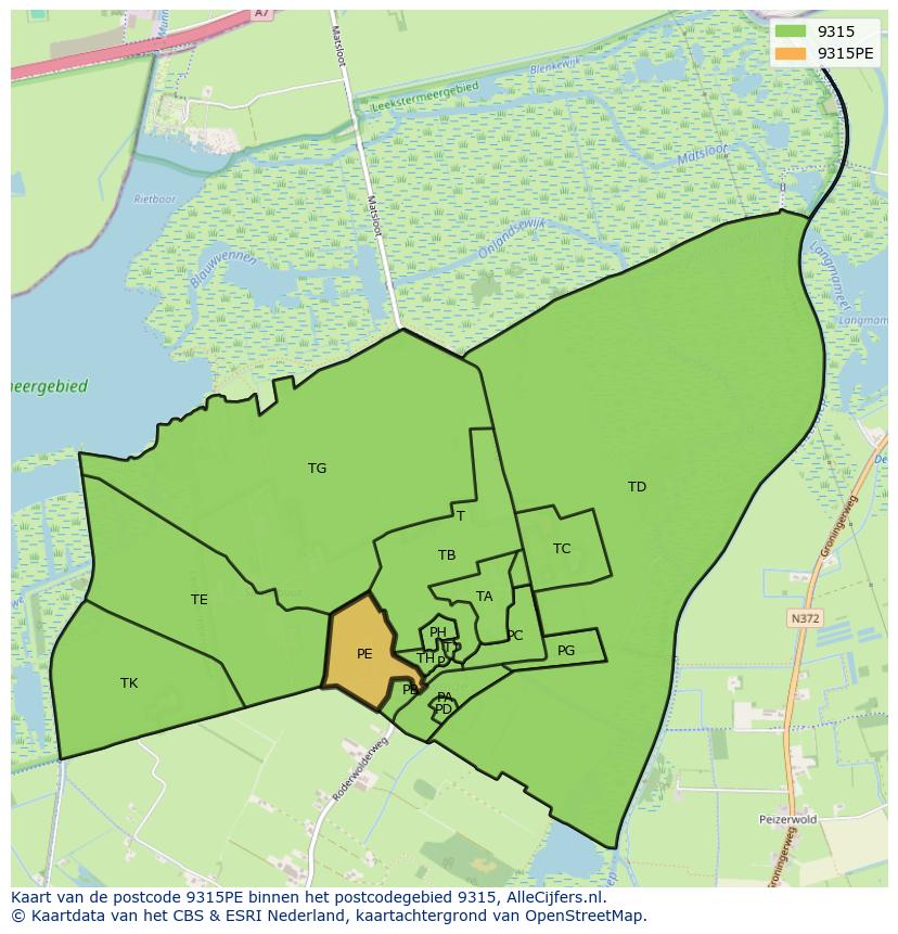 Afbeelding van het postcodegebied 9315 PE op de kaart.