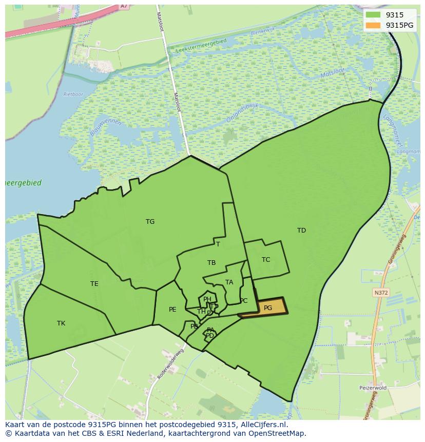 Afbeelding van het postcodegebied 9315 PG op de kaart.
