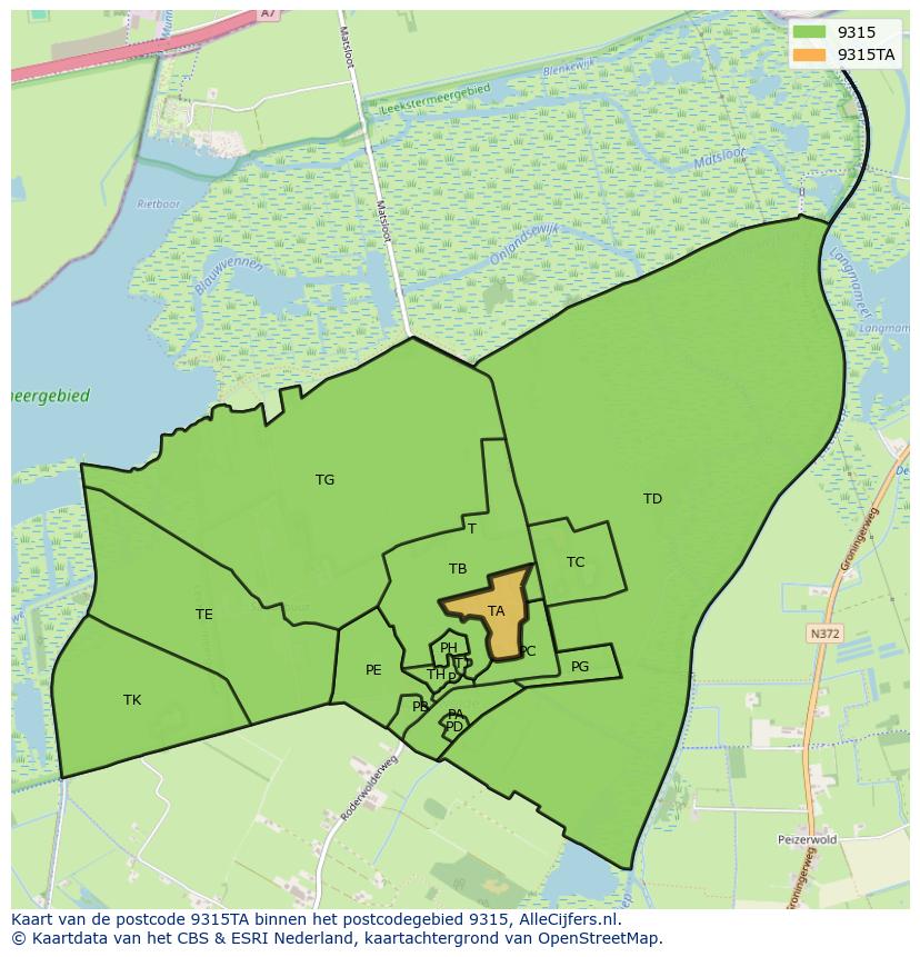 Afbeelding van het postcodegebied 9315 TA op de kaart.