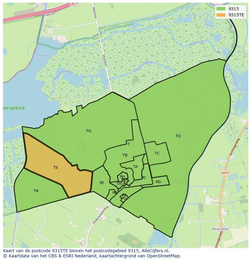 Afbeelding van het postcodegebied 9315 TE op de kaart.