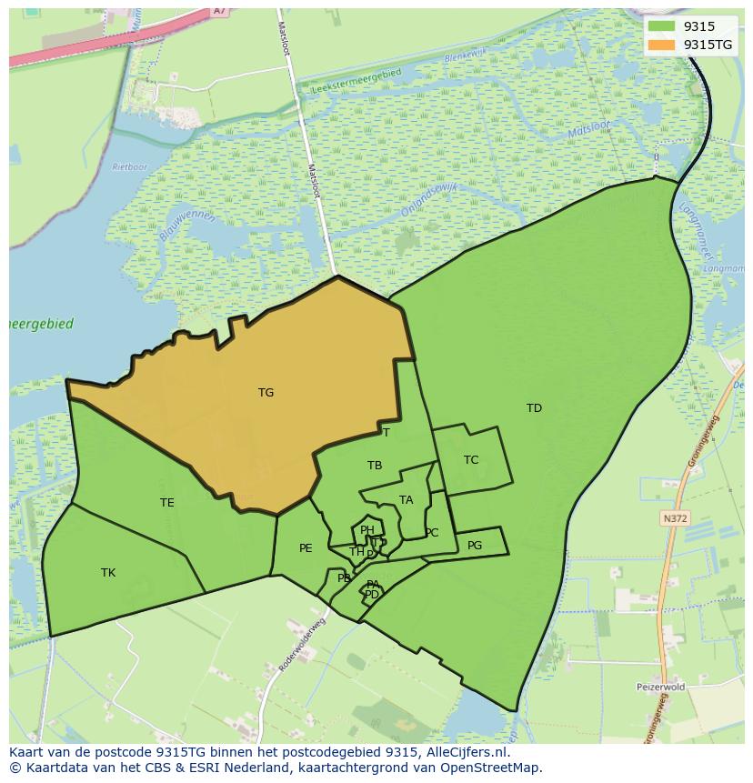 Afbeelding van het postcodegebied 9315 TG op de kaart.