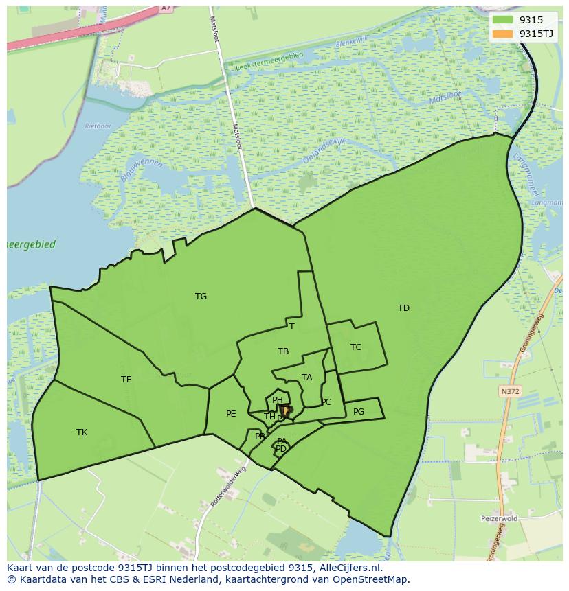 Afbeelding van het postcodegebied 9315 TJ op de kaart.