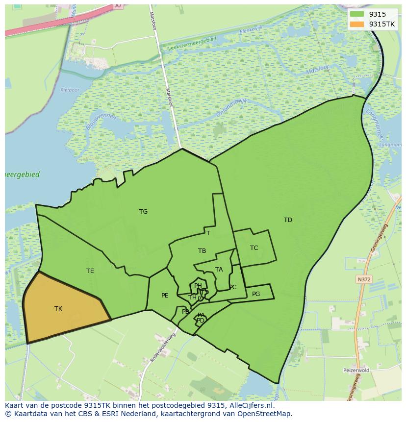 Afbeelding van het postcodegebied 9315 TK op de kaart.
