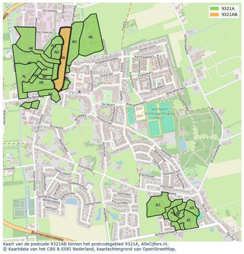 Afbeelding van het postcodegebied 9321 AB op de kaart.