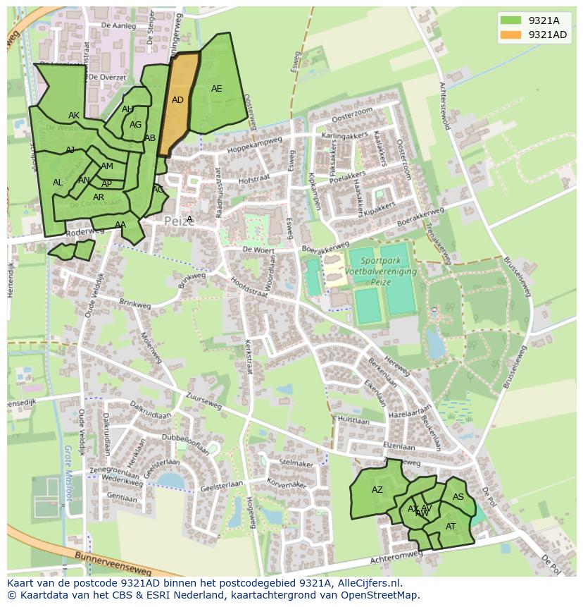 Afbeelding van het postcodegebied 9321 AD op de kaart.