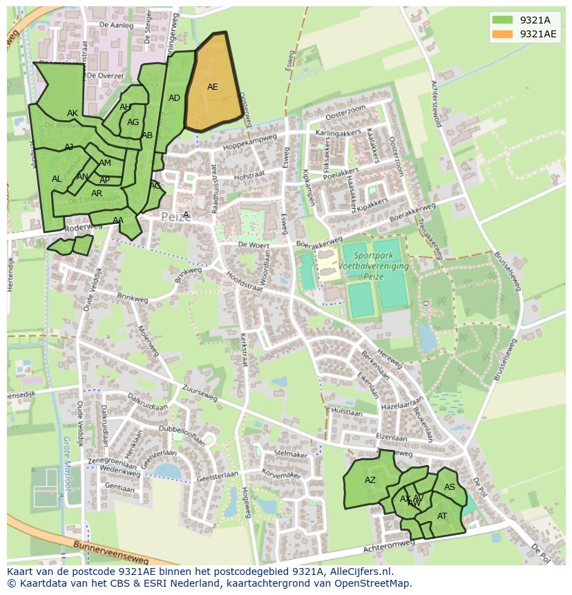 Afbeelding van het postcodegebied 9321 AE op de kaart.