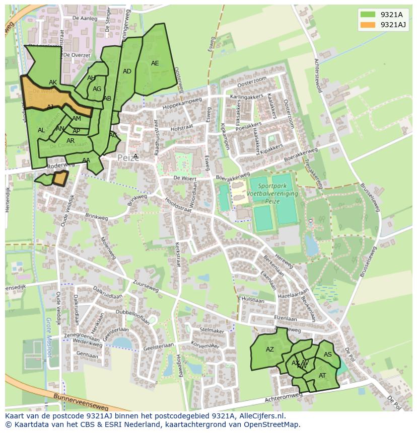 Afbeelding van het postcodegebied 9321 AJ op de kaart.