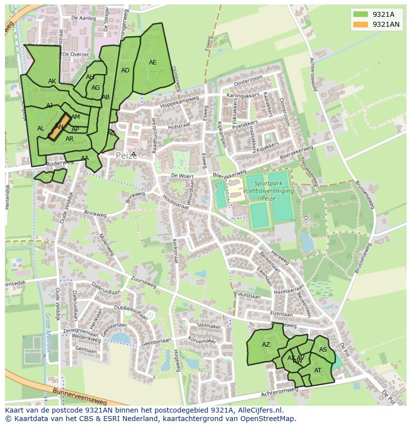 Afbeelding van het postcodegebied 9321 AN op de kaart.
