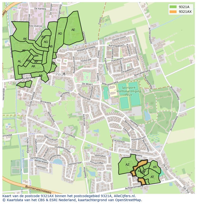 Afbeelding van het postcodegebied 9321 AX op de kaart.