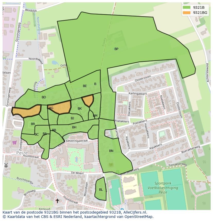 Afbeelding van het postcodegebied 9321 BG op de kaart.