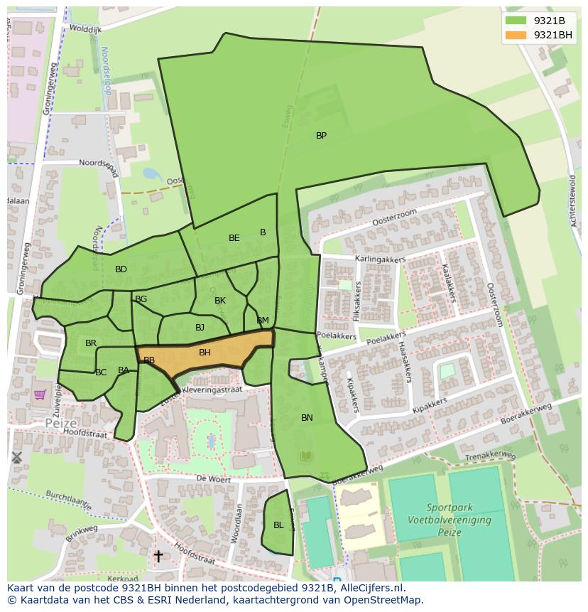 Afbeelding van het postcodegebied 9321 BH op de kaart.