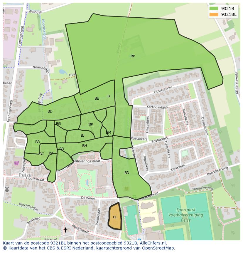 Afbeelding van het postcodegebied 9321 BL op de kaart.