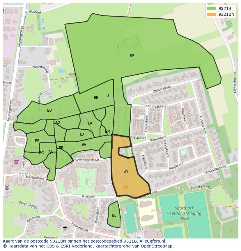 Afbeelding van het postcodegebied 9321 BN op de kaart.
