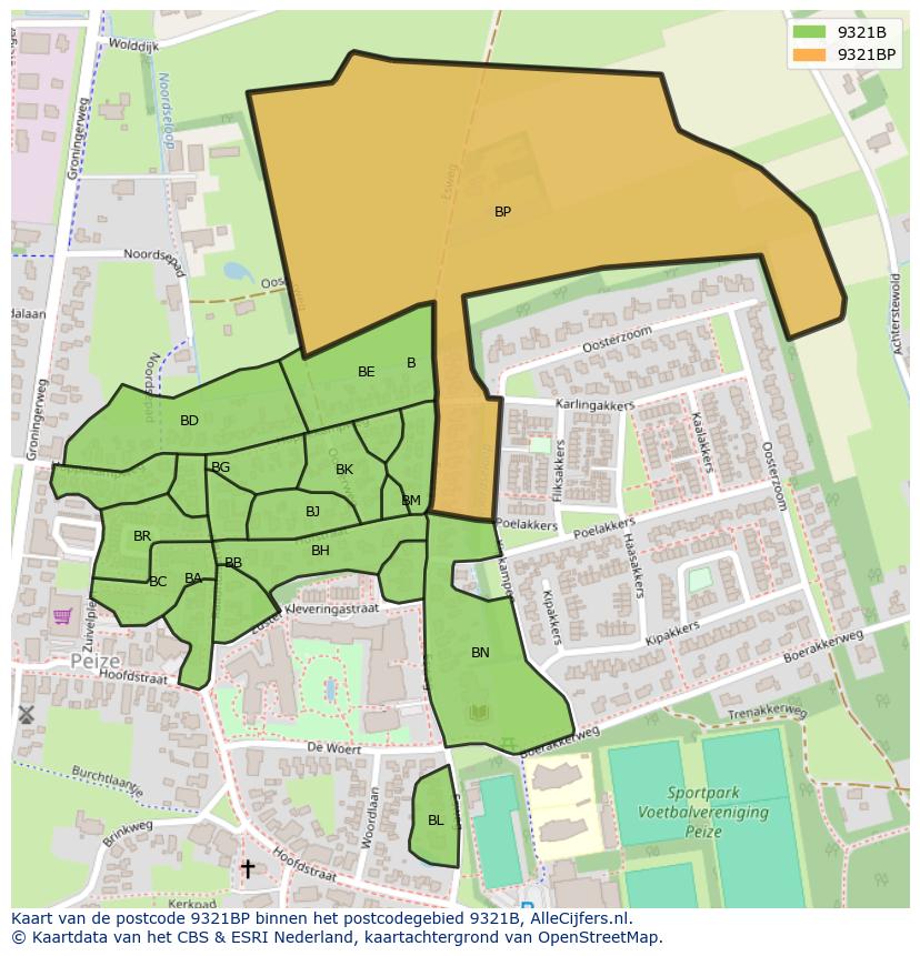 Afbeelding van het postcodegebied 9321 BP op de kaart.