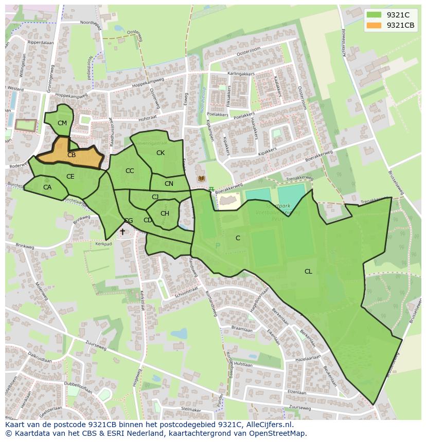 Afbeelding van het postcodegebied 9321 CB op de kaart.