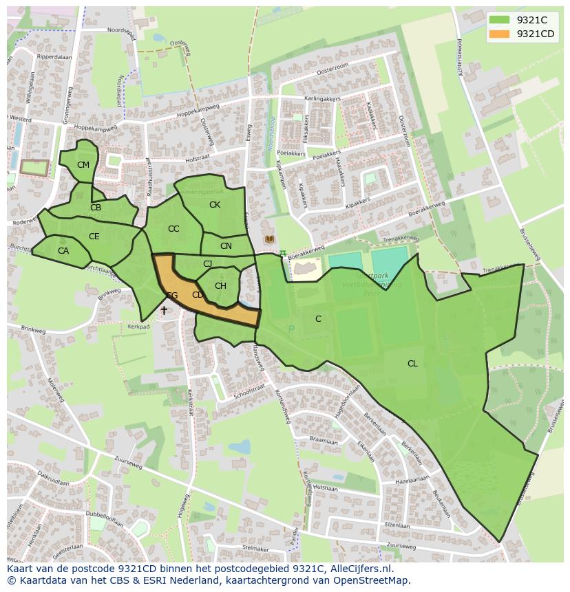 Afbeelding van het postcodegebied 9321 CD op de kaart.