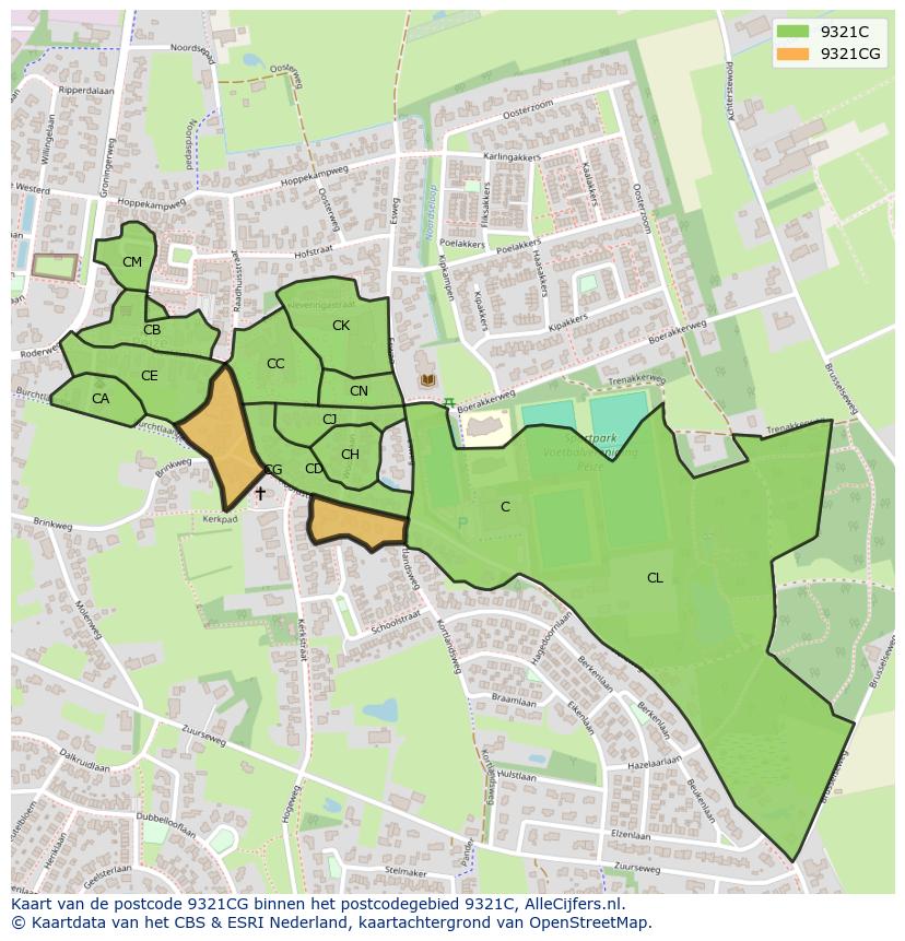 Afbeelding van het postcodegebied 9321 CG op de kaart.