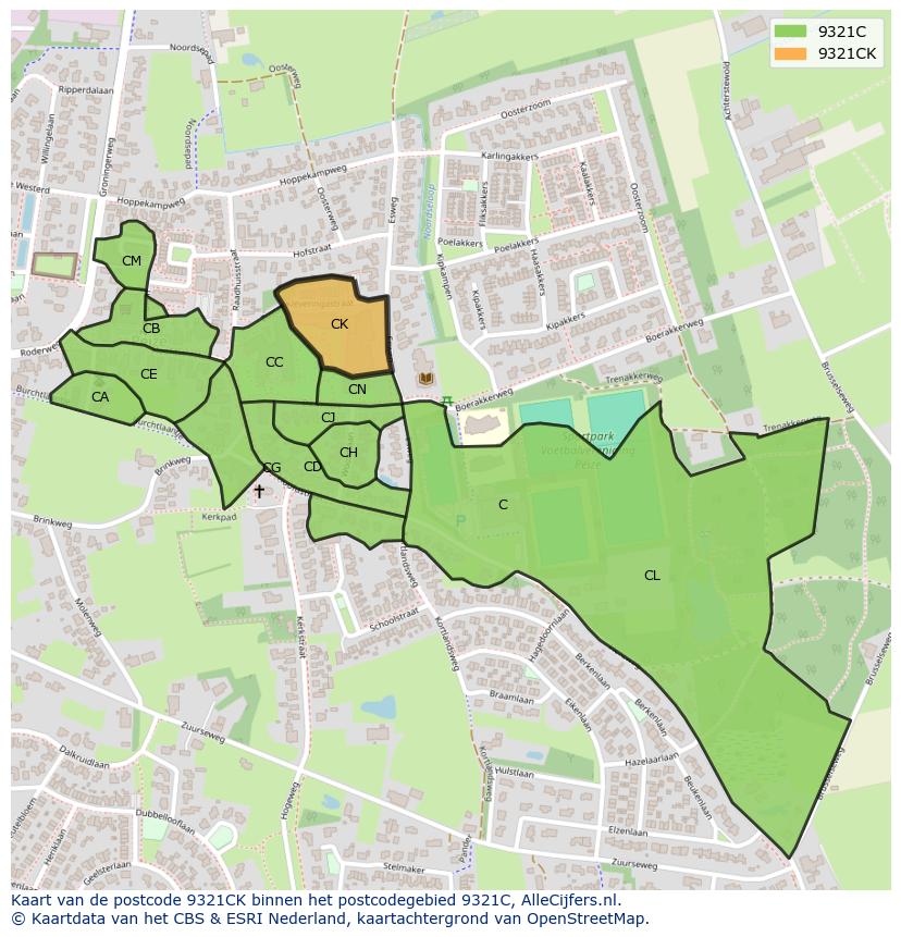 Afbeelding van het postcodegebied 9321 CK op de kaart.
