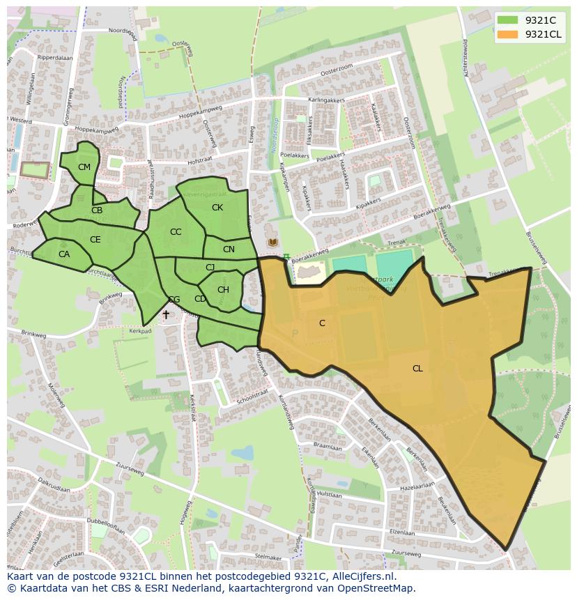 Afbeelding van het postcodegebied 9321 CL op de kaart.
