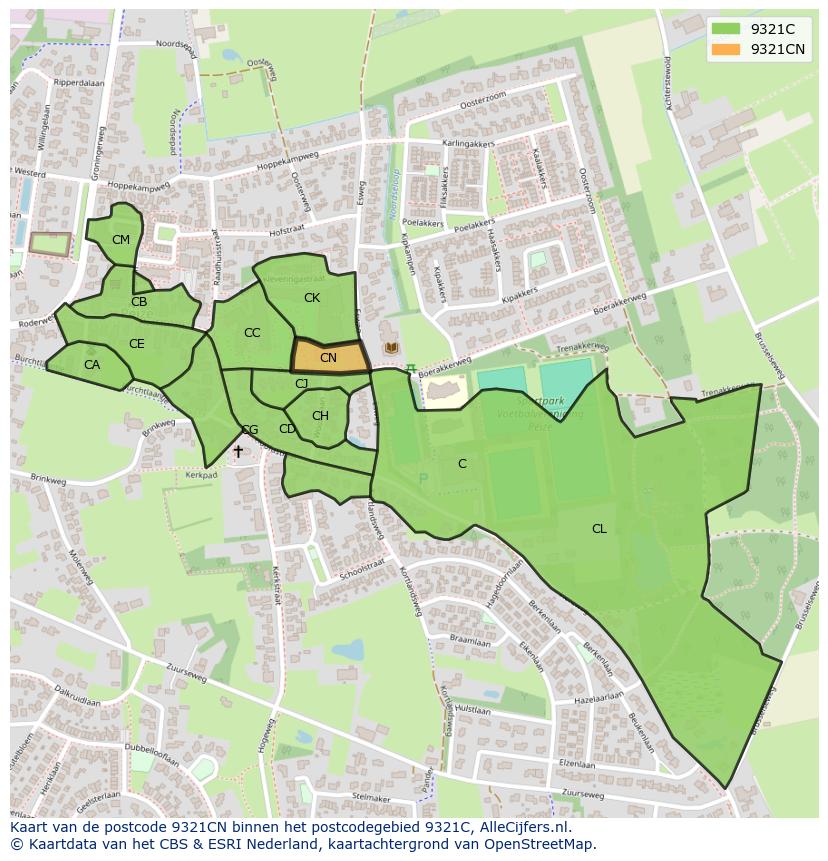 Afbeelding van het postcodegebied 9321 CN op de kaart.