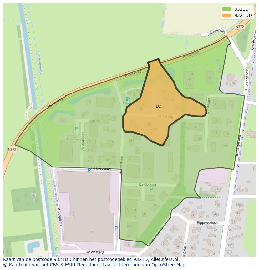 Afbeelding van het postcodegebied 9321 DD op de kaart.