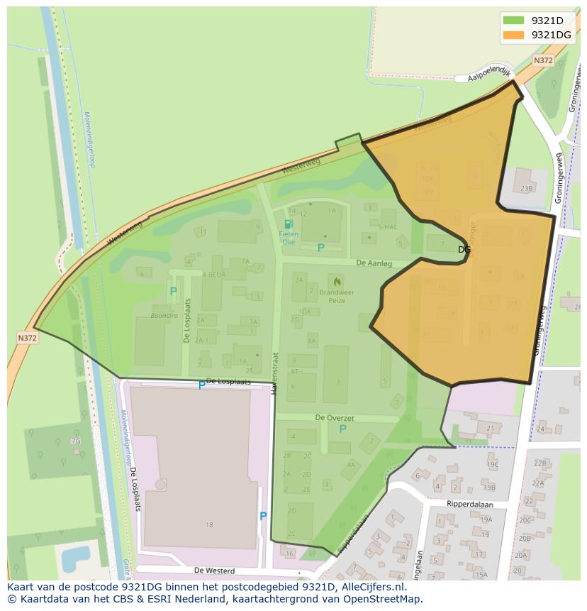 Afbeelding van het postcodegebied 9321 DG op de kaart.