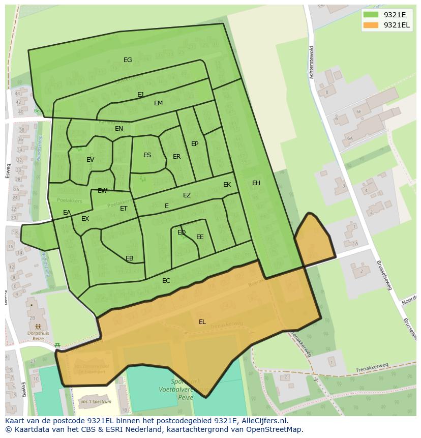 Afbeelding van het postcodegebied 9321 EL op de kaart.
