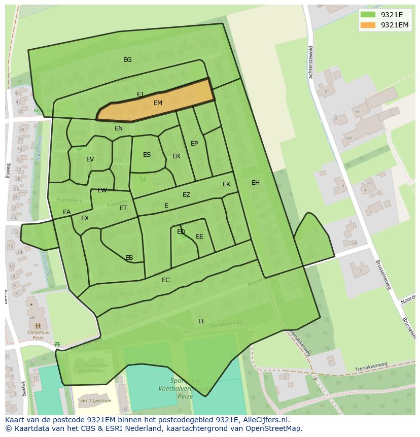 Afbeelding van het postcodegebied 9321 EM op de kaart.
