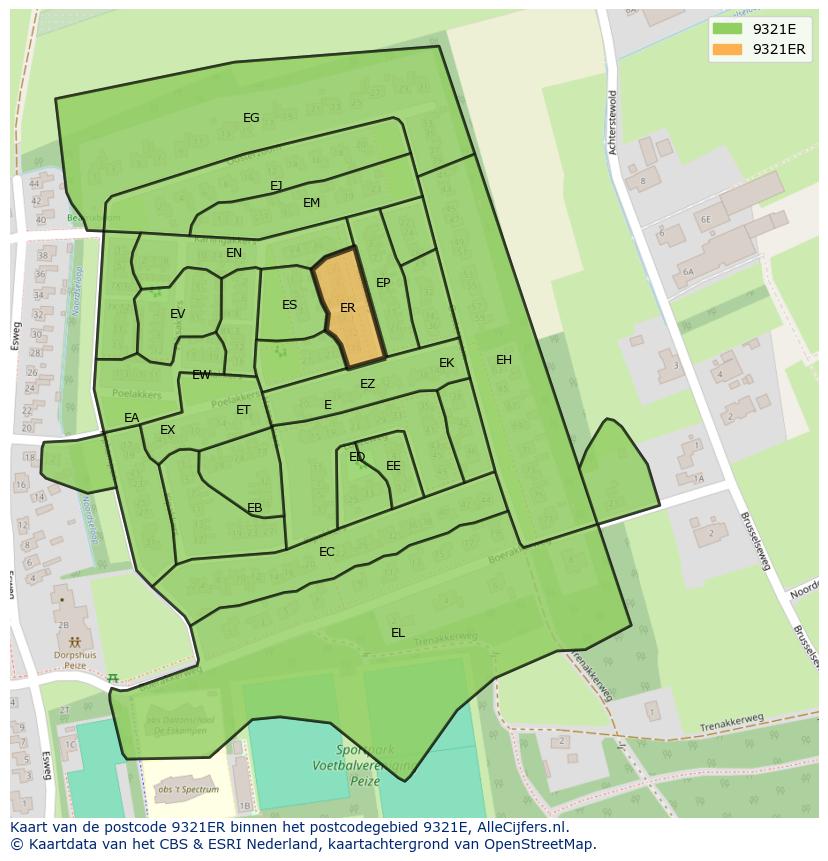 Afbeelding van het postcodegebied 9321 ER op de kaart.
