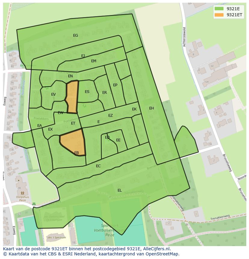 Afbeelding van het postcodegebied 9321 ET op de kaart.