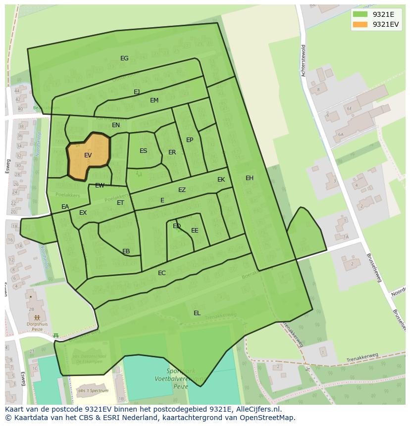 Afbeelding van het postcodegebied 9321 EV op de kaart.