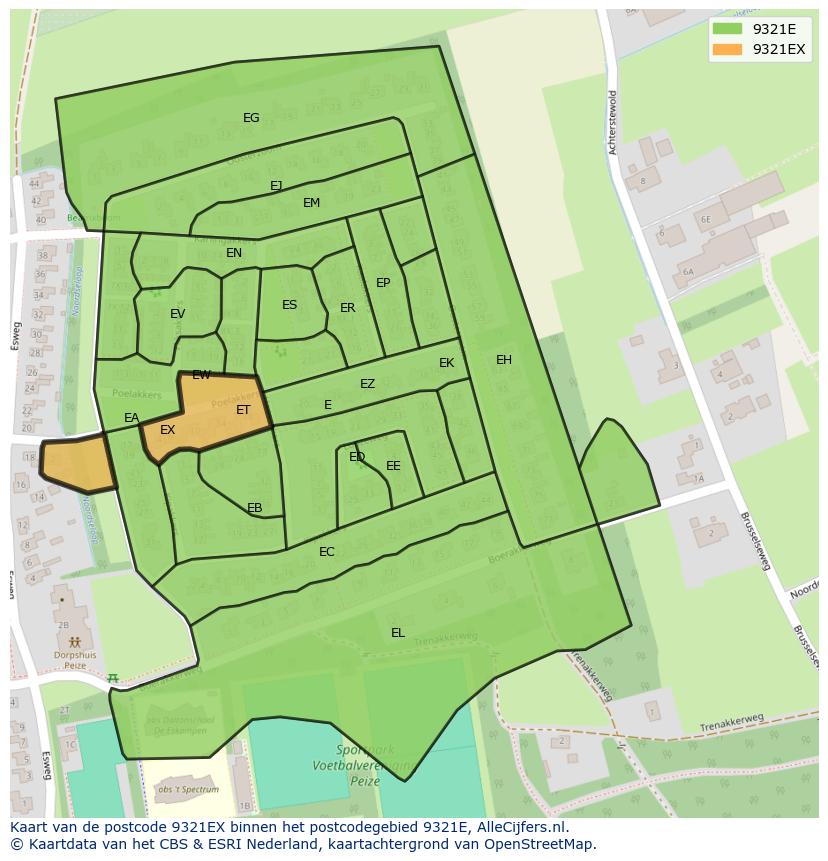 Afbeelding van het postcodegebied 9321 EX op de kaart.