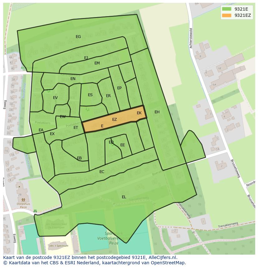 Afbeelding van het postcodegebied 9321 EZ op de kaart.