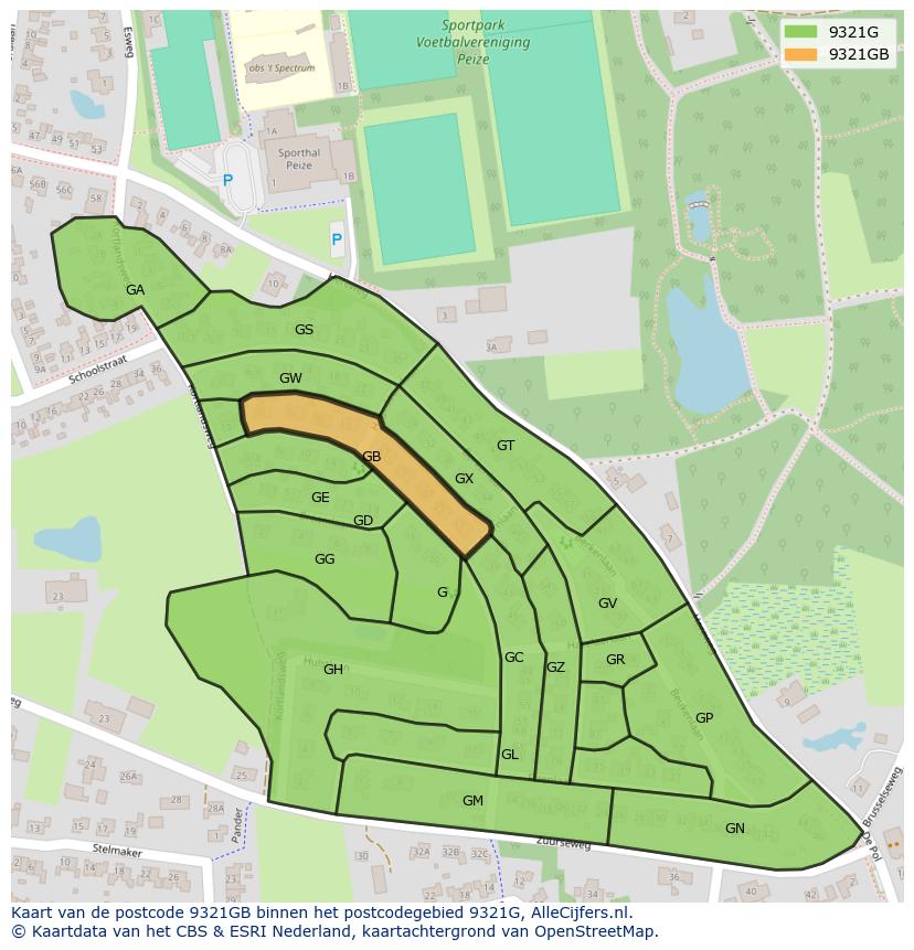 Afbeelding van het postcodegebied 9321 GB op de kaart.