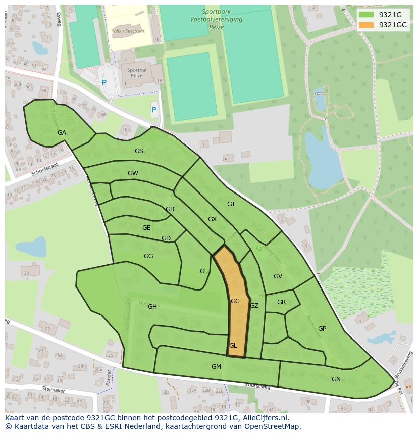 Afbeelding van het postcodegebied 9321 GC op de kaart.