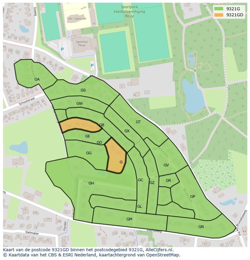 Afbeelding van het postcodegebied 9321 GD op de kaart.